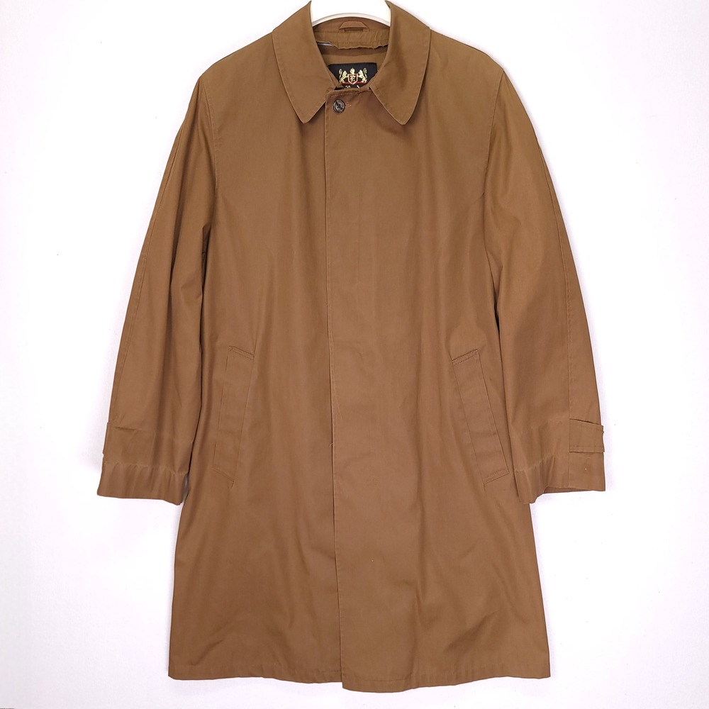 Lord Forecaster Courier Vintage Brown Trench Coat Mens 42L Hidden Button Mac USA